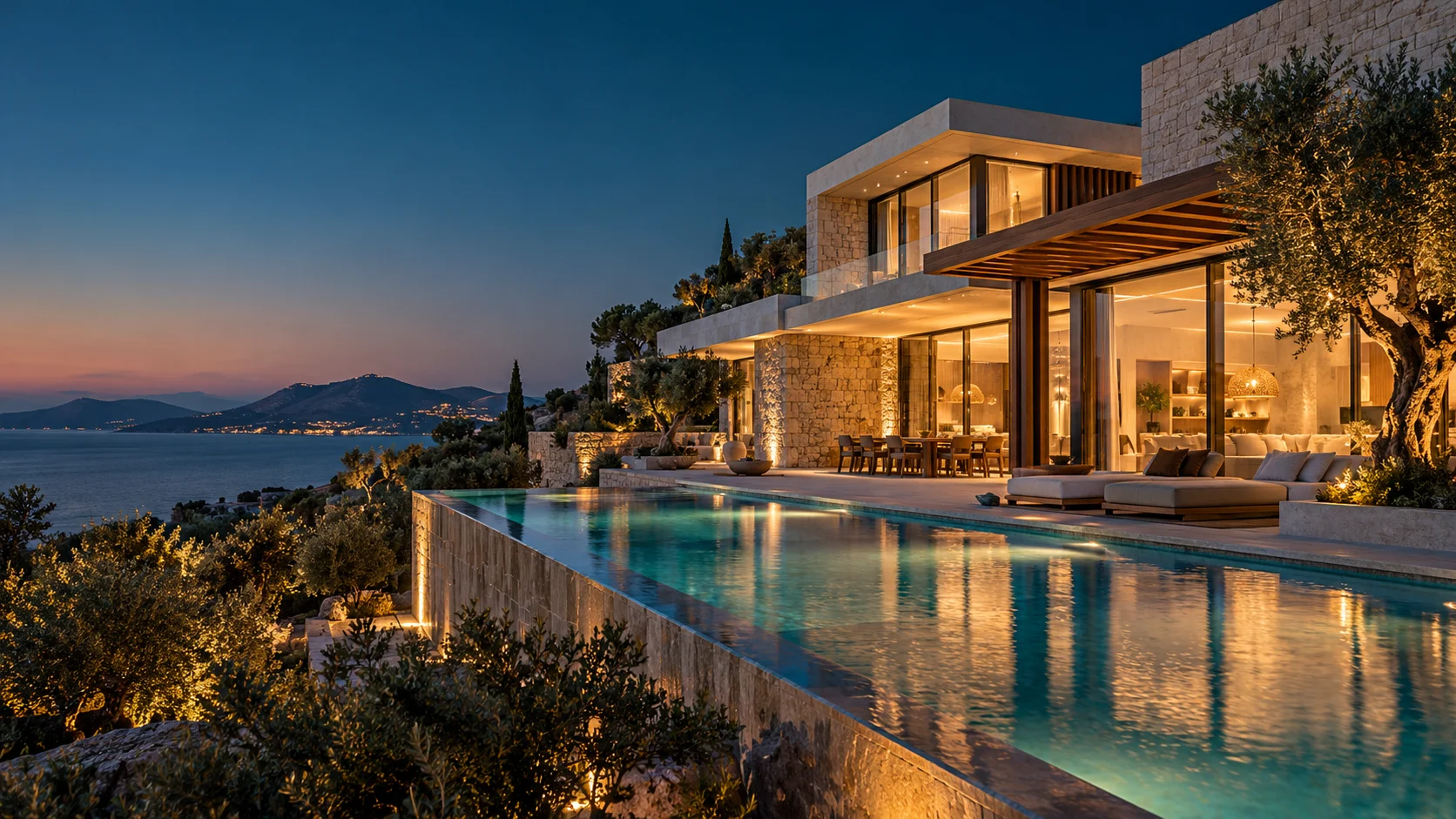 Akşam ışığında doğal taş cepheli, havuzlu villa; yapay zekâ ile oluşturulmuş konsept